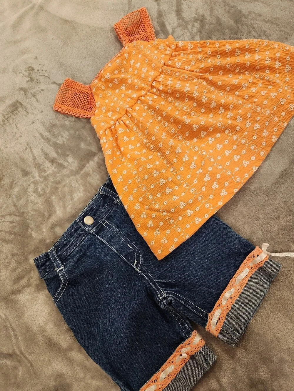 Orange Floral Baby Dress Top with Crochet Straps, Size 24M - Picture 3 of 5